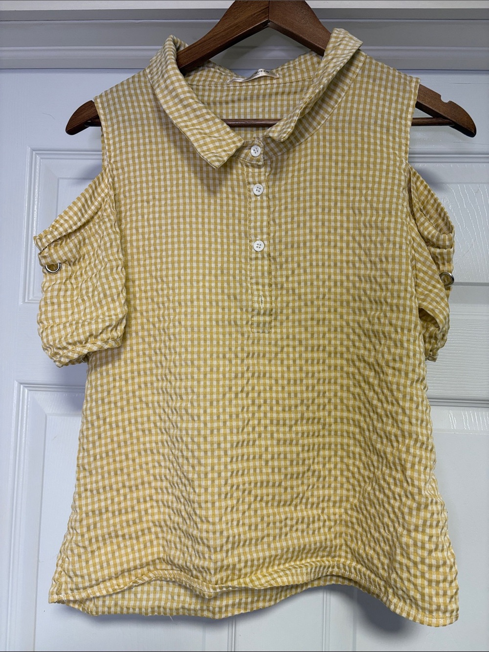 Cold-Shoulder Yellow Gingham Button Polo Blouse